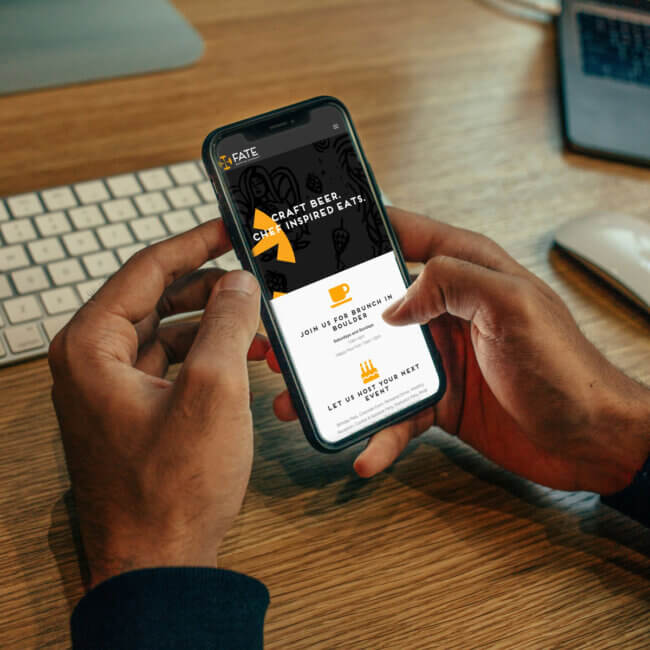 Hands holding phone looking at FATE Brewing Website